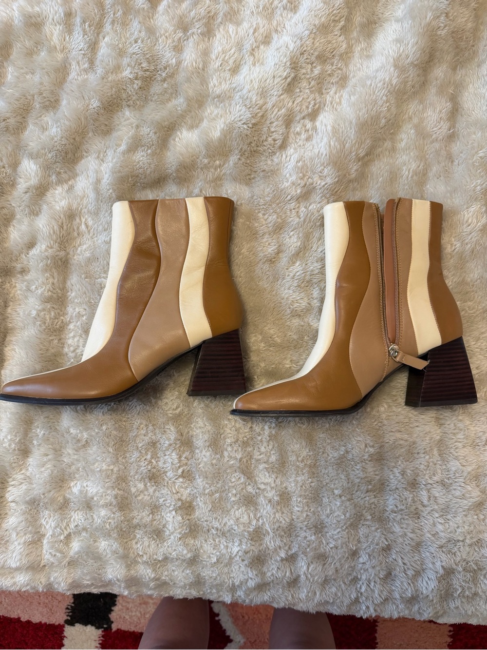 Gianni Bini Tan and Cream Colorblock Pointed Ankle Boots